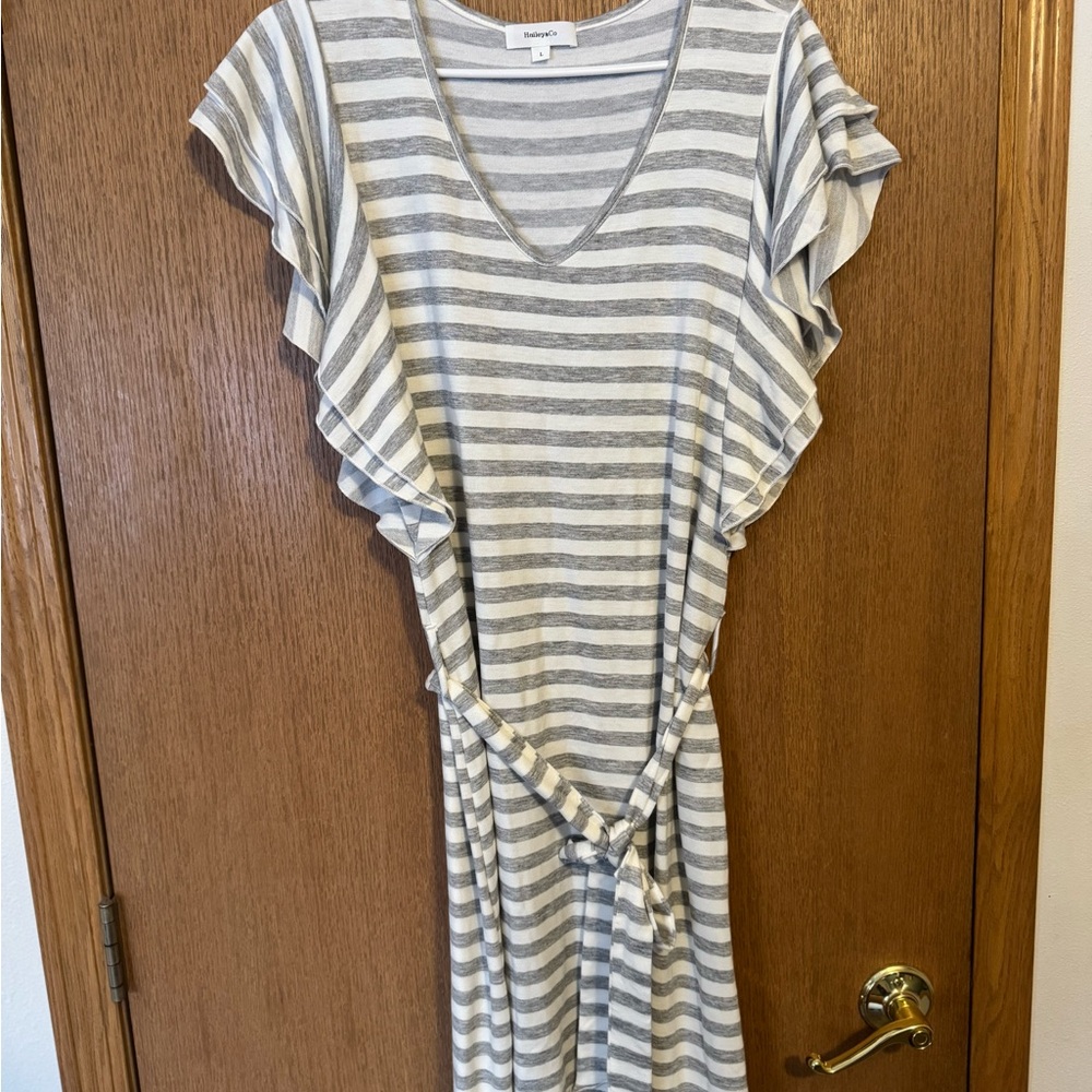 Gray Striped Ruffle Sleeve Dress